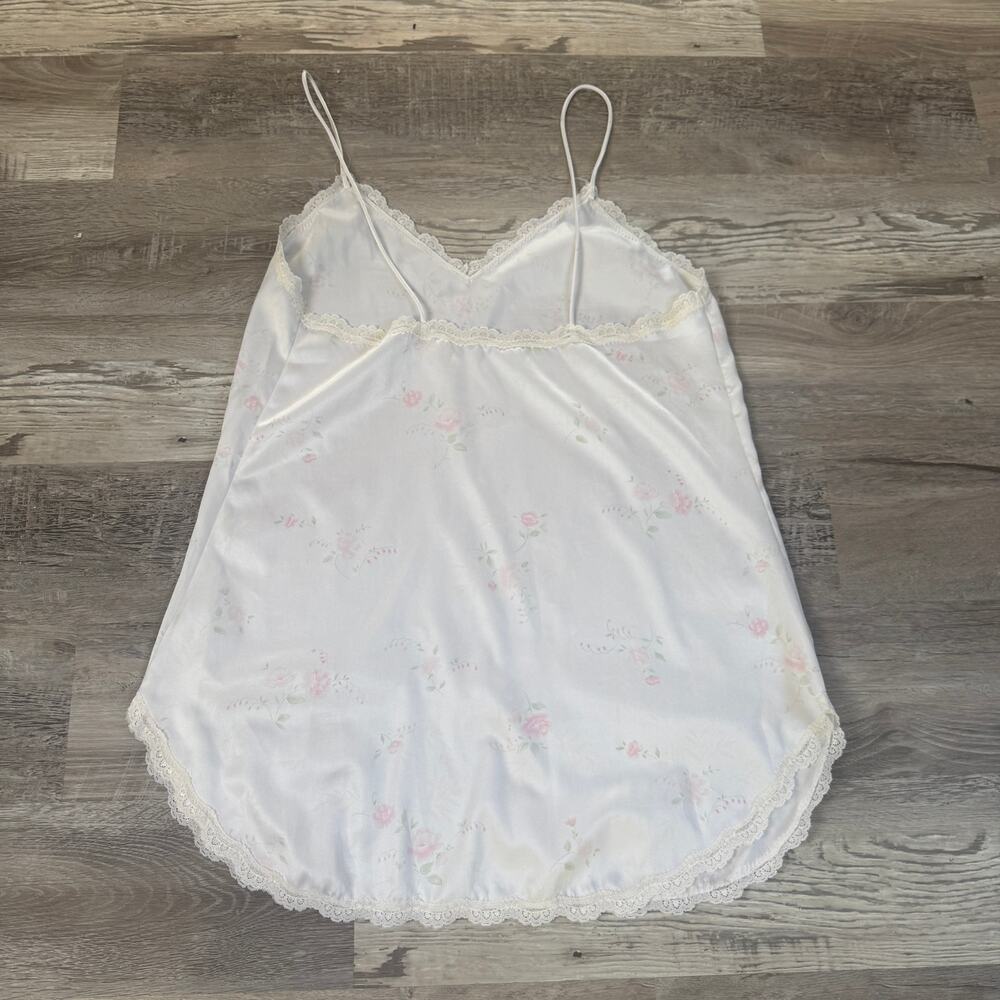 Vintage White Satin Floral Lace Trim Slip Dress Nightgown Coquette Cottagecore L - Picture 3 of 5